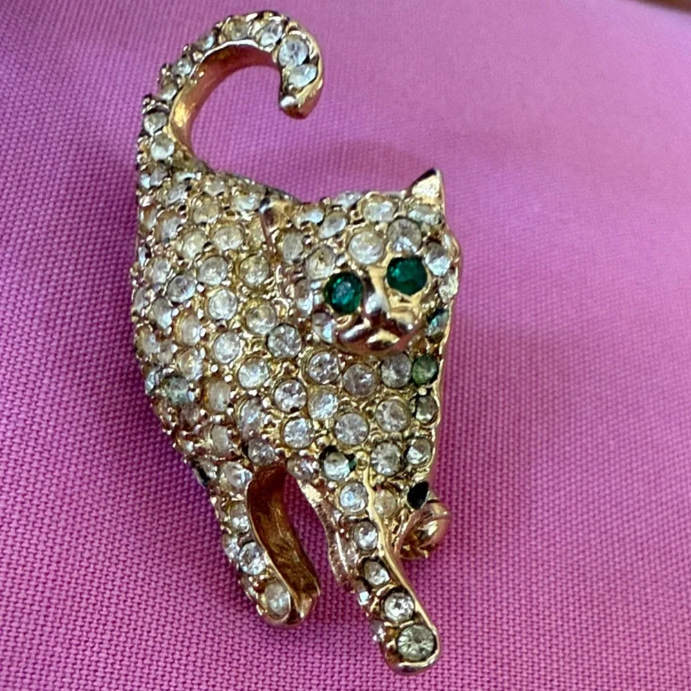 Vintage Cat Brooch Paved White Rhinestone Cat Pin Green Rhinestone Eyes